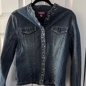 Nordstrom Dark Blue Denim Jacket with Turquoise Beaded Trim